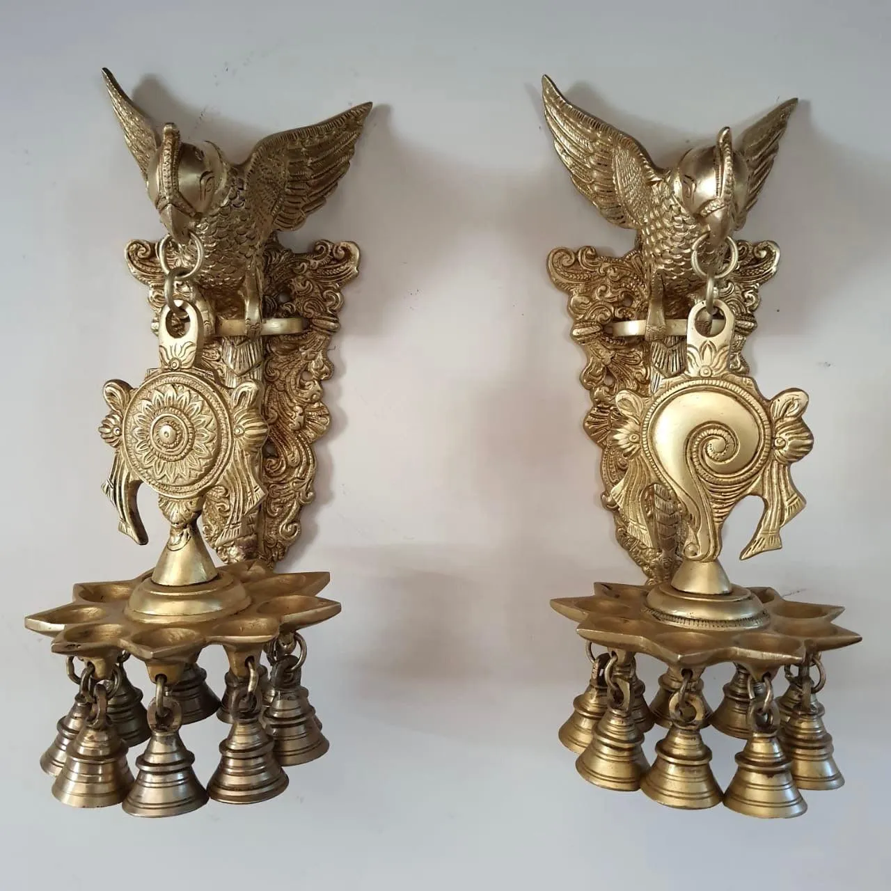 Brass Parrot Hanging Diya and Bell Set with Shanku & Chakra - Decorative Antique Finish Wall Hanging - Set of 2