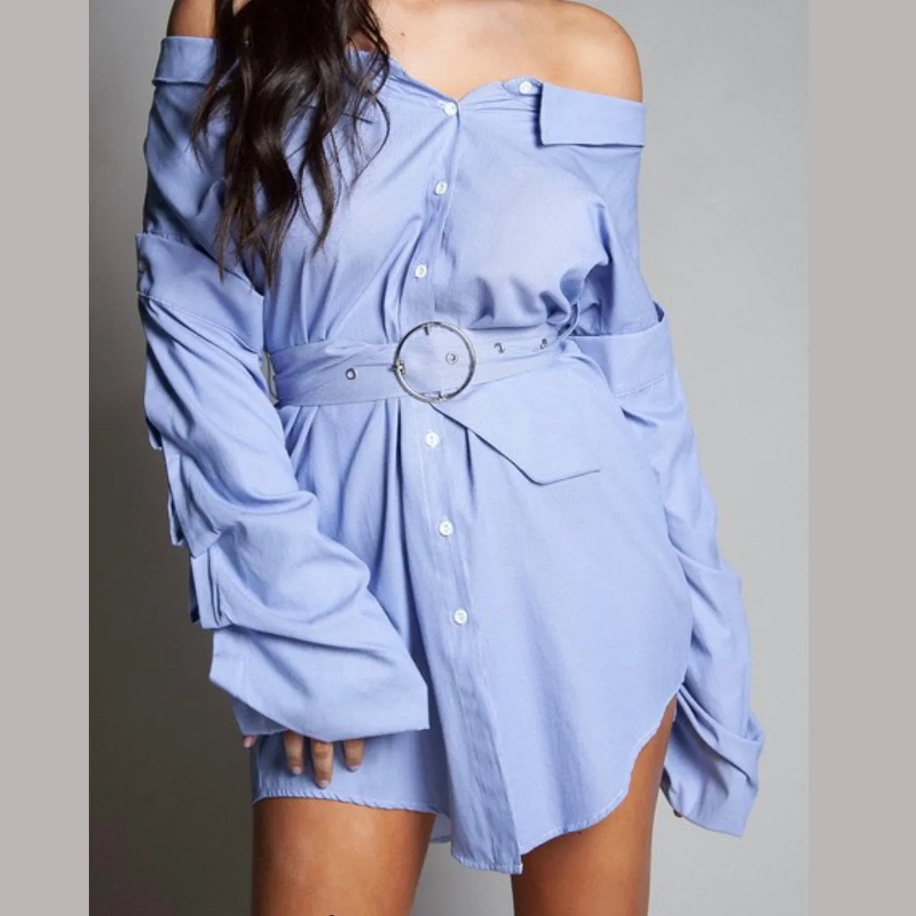 Pinstripe Off Shoulder Shirt Dress