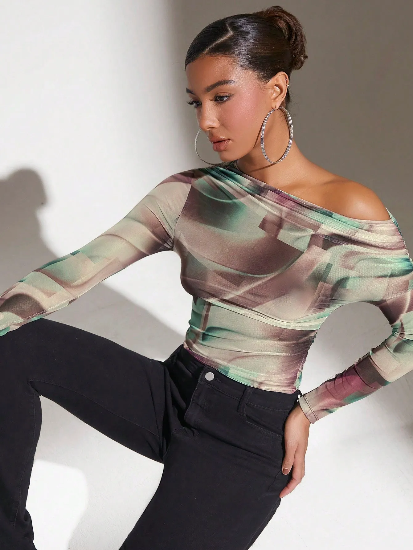 Print Off The Shoulder Mesh Top