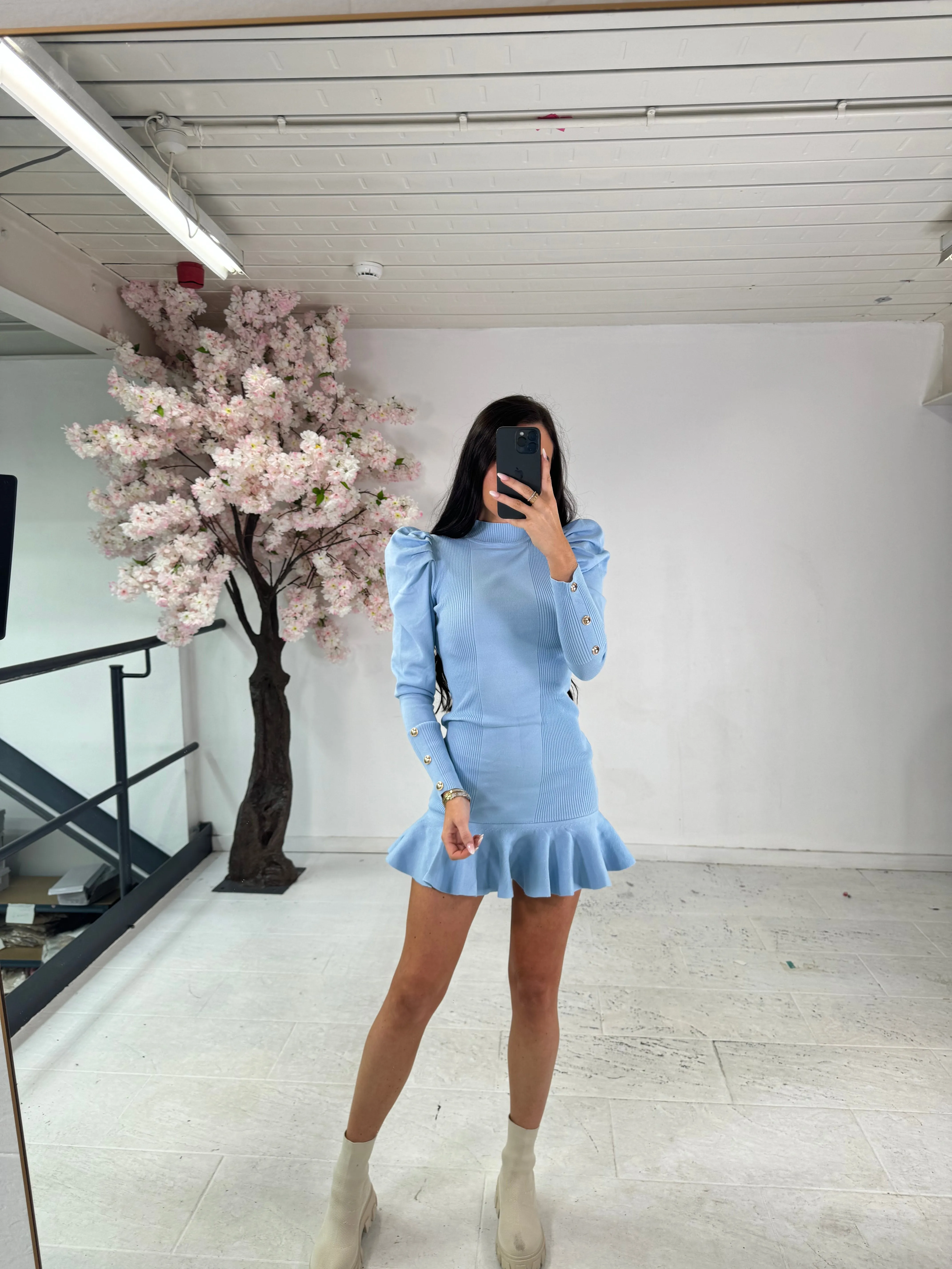 Puff sleeve peplum dress - blue