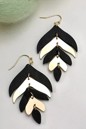 Tropical Wood & Metal Mix Leaf Dangle Earrings- Black