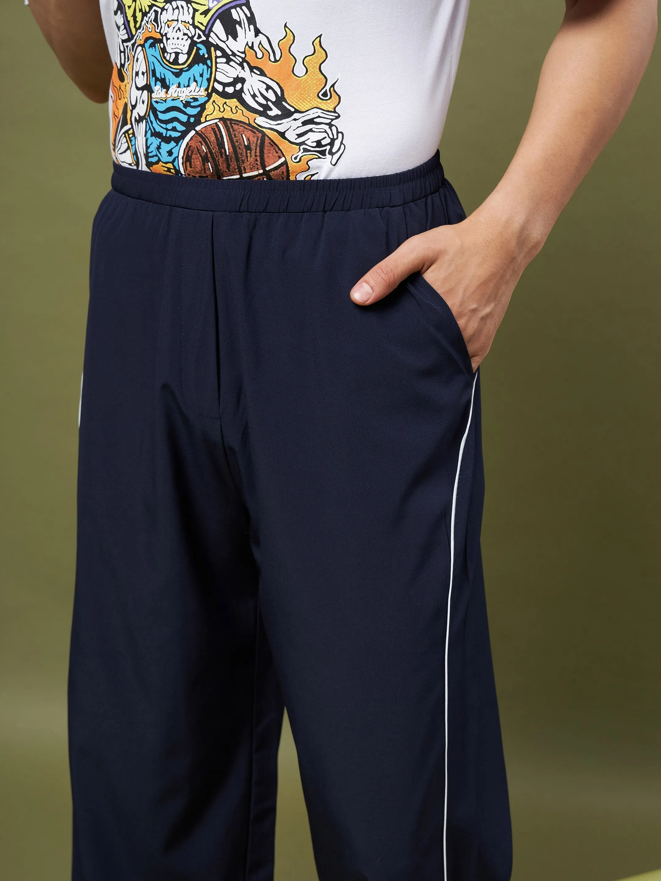 Unisex Navy Piping Parachute Track Pants