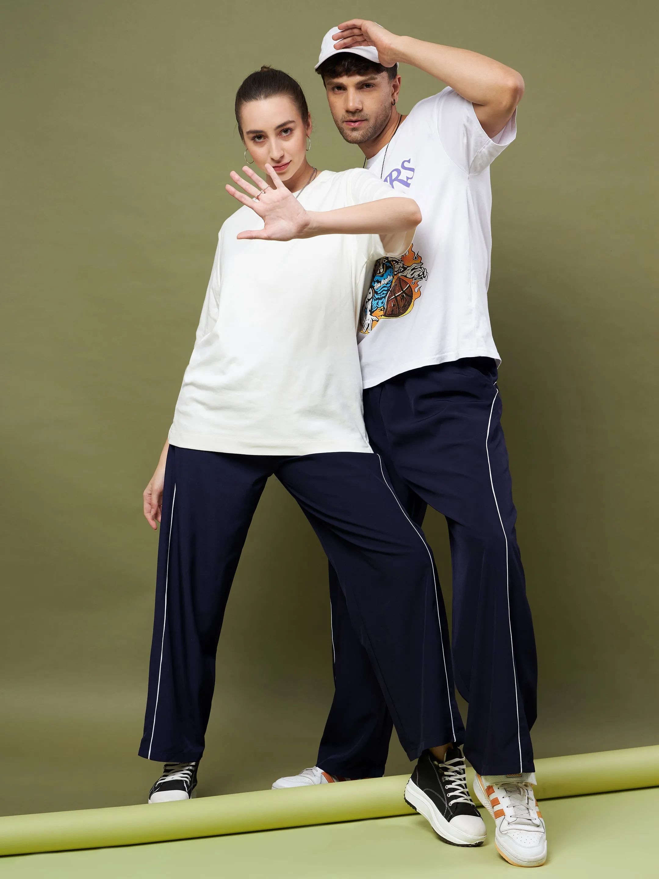 Unisex Navy Piping Parachute Track Pants