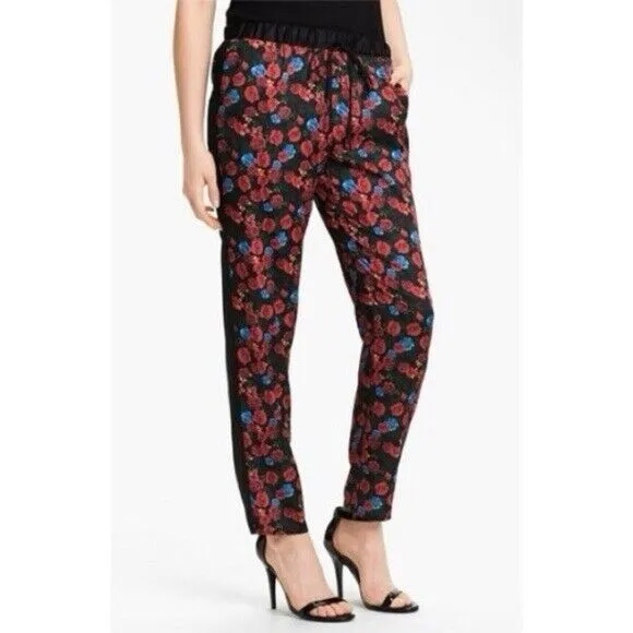 Vince Camuto Flowy Casual Floral Pants, Black Red, Size S Pocketed