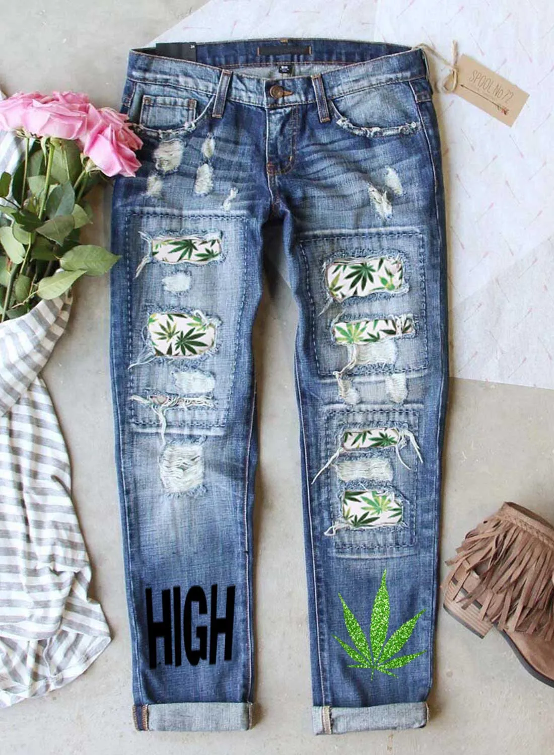 Women's Jeans Fruits&Plants Letter Color Block Slim Mid Waist Ankle-length Pocket Daily Jeans