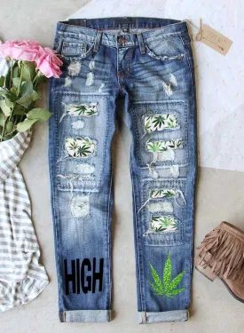 Women's Jeans Fruits&Plants Letter Color Block Slim Mid Waist Ankle-length Pocket Daily Jeans