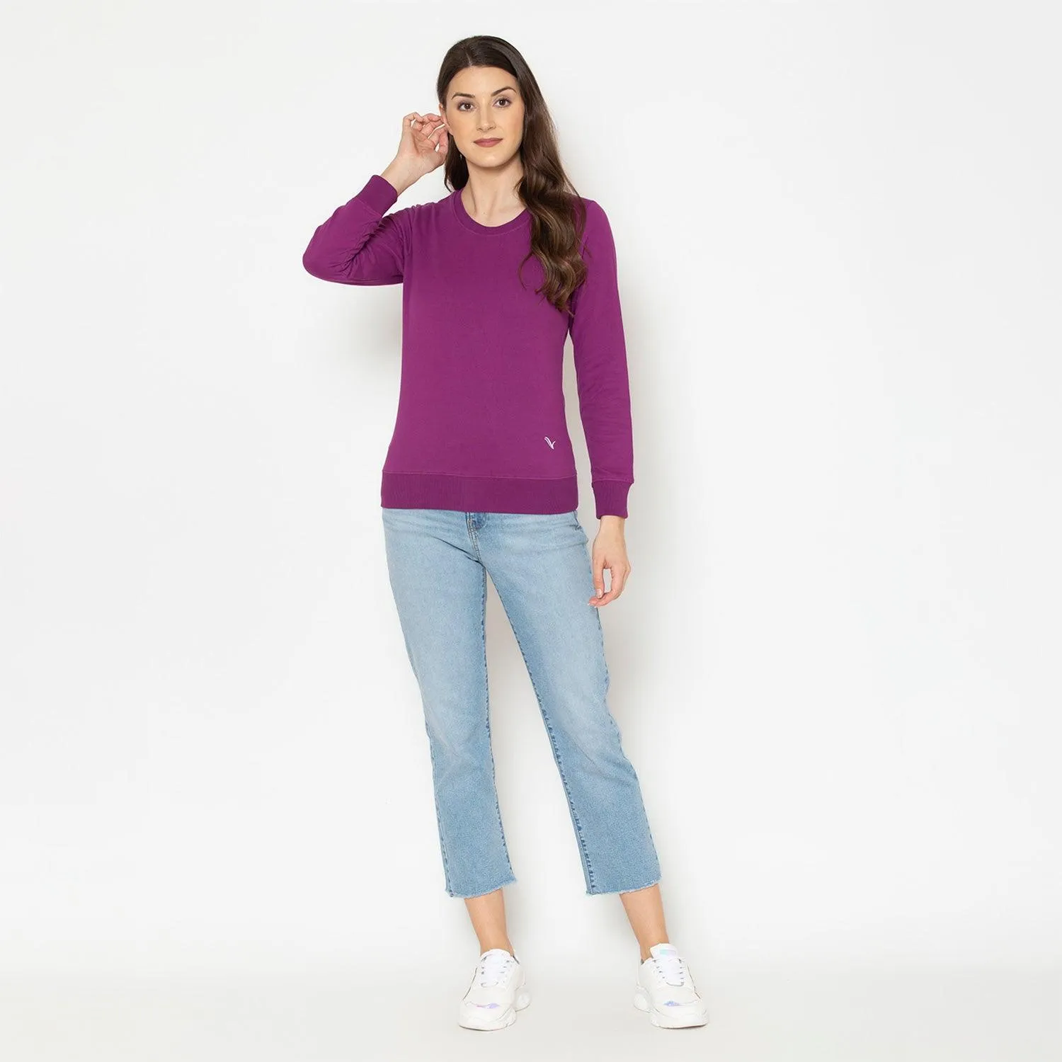 Women's Plain Casual Full Sleeve Sweatshirt - Magenta Purple