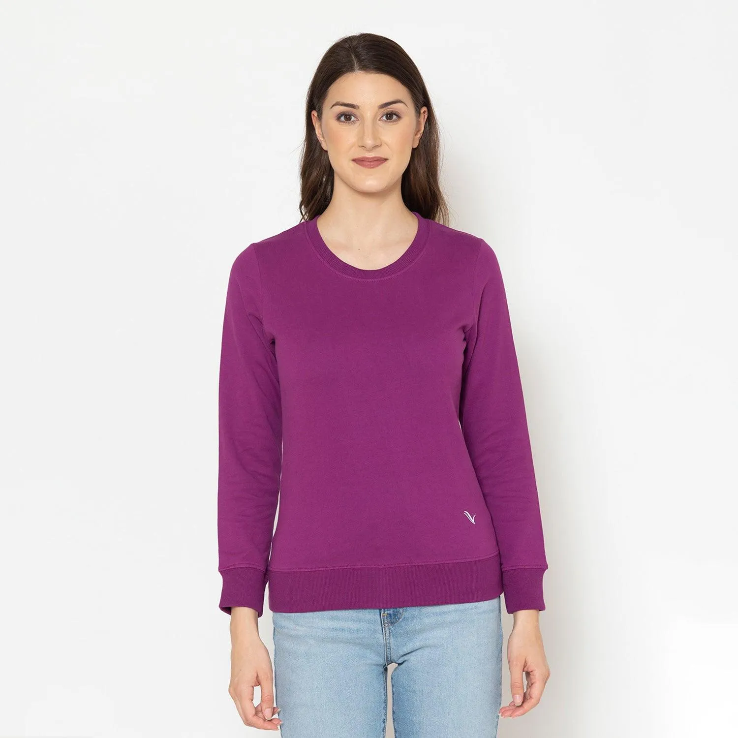 Women's Plain Casual Full Sleeve Sweatshirt - Magenta Purple