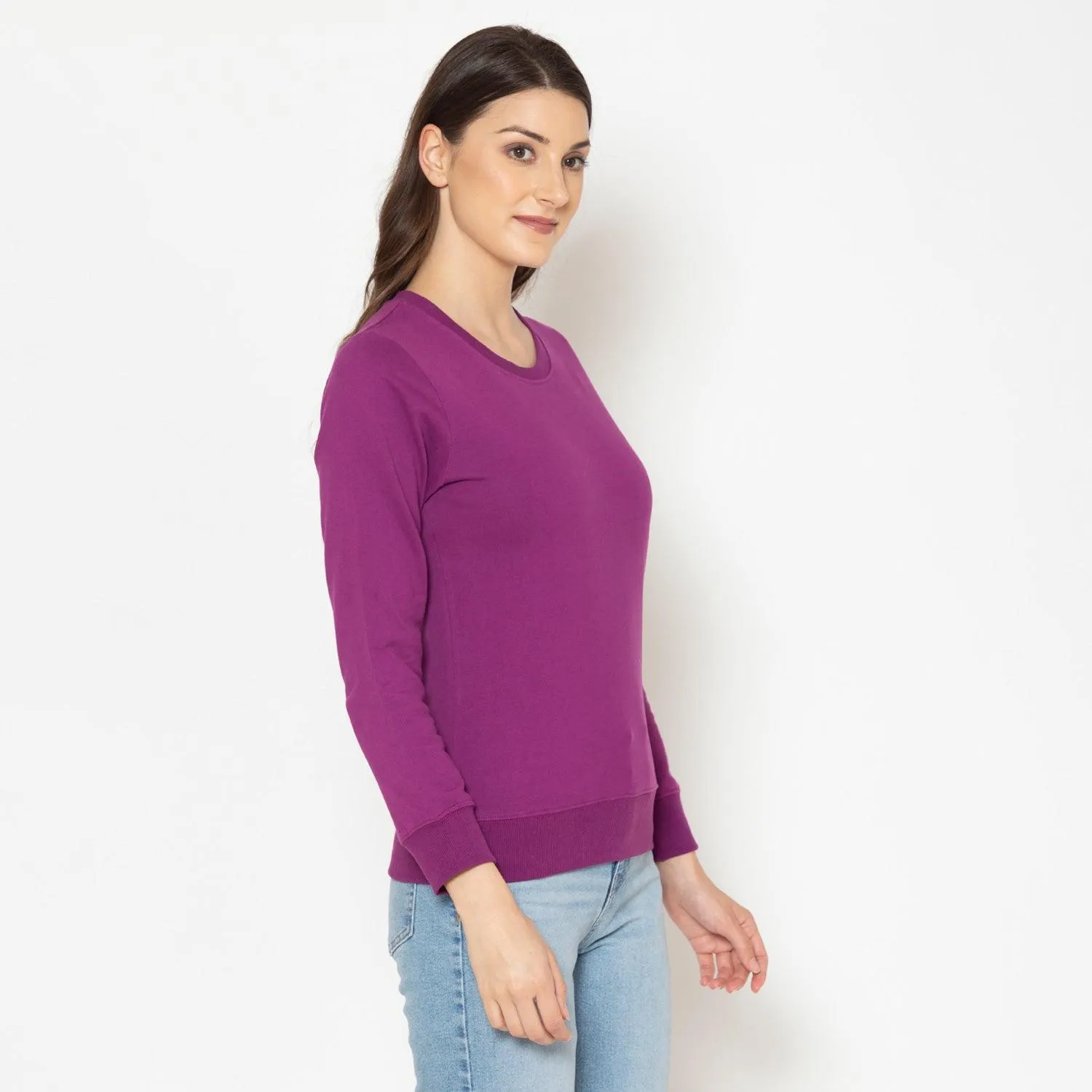 Women's Plain Casual Full Sleeve Sweatshirt - Magenta Purple