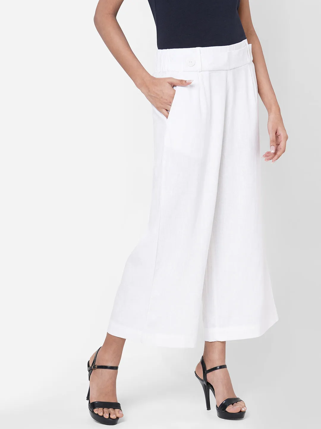 Women's White Linen Regular Fit Culotte
