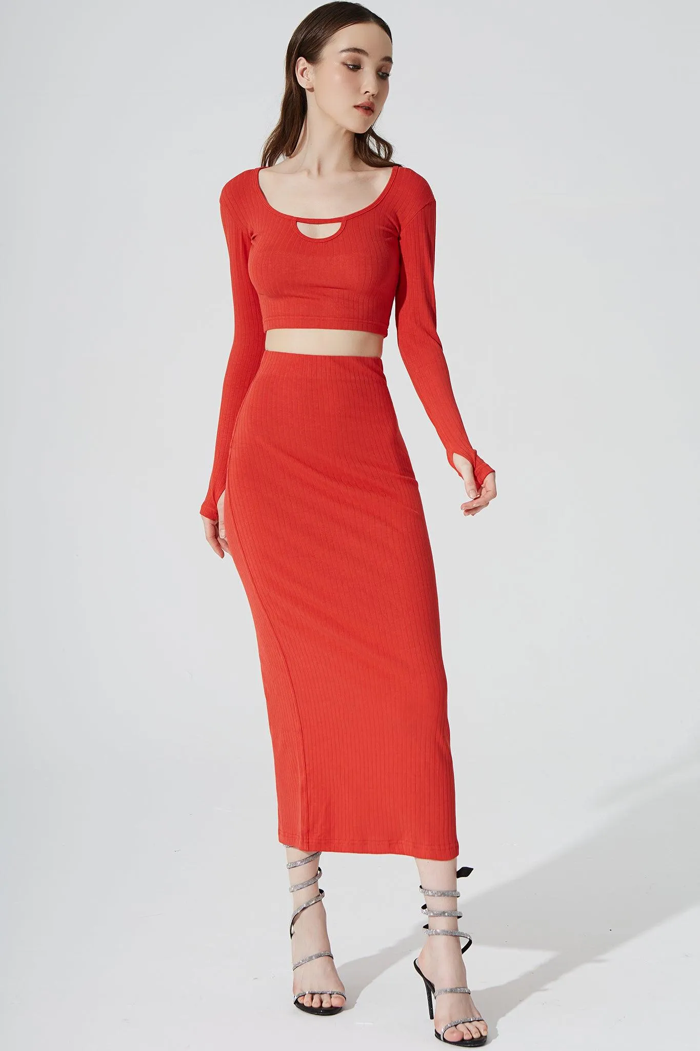Zeya Knitted Long Sleeve Crop Top - Scarlet